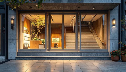 Modern building entrance with stairs, glass facade, and plants in warm evening light, empty
