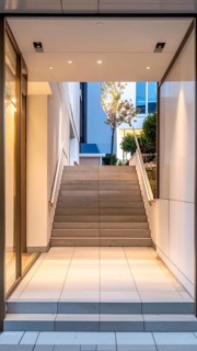 Modern building entrance with stairs, glass facade, and plants in warm evening light, empty