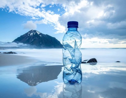 Crushed plastic water bottle waste in a wild landscape, symbol for nature protection, waste
