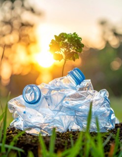 Crushed plastic water bottle waste in a wild landscape, symbol for nature protection, waste