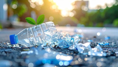 Crushed plastic water bottle waste in a wild landscape, symbol for nature protection, waste