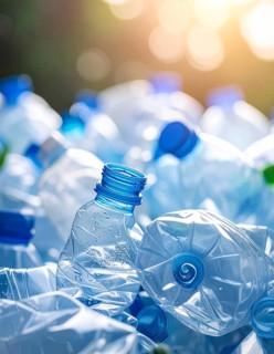 Crushed plastic water bottle waste in a wild landscape, symbol for nature protection, waste
