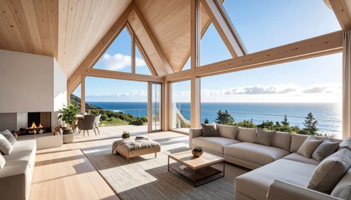 Peaceful A-frame cabin interior with ocean views, real estate lifestyle and travel destination,