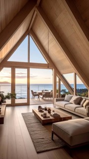 Peaceful A-frame cabin interior with ocean views, real estate lifestyle and travel destination,