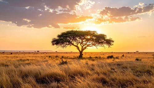 Single acacia tree in the savannah at sunset, solitude in the wild, dry grass in the foreground,