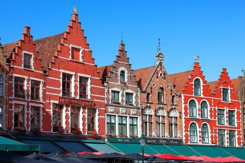 Historic houses on the market square in the old town of Bruges, Grote Markt, former guild houses,