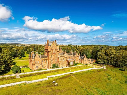 Ayton Castle from a drone, Ayton, Eyemouth, Scottish Borders, Scotland, UK
