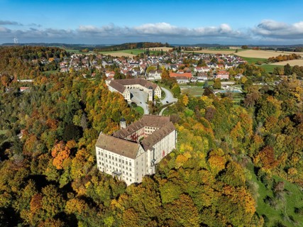 Aerial view of Heiligenberg Castle, a Renaissance-style palace complex, Tübingen administrative