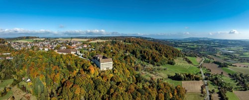 Aerial view, panorama of Heiligenberg Castle, a Renaissance-style palace complex, Tübingen