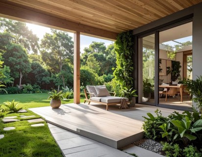 An eco-friendly porch designed for sustainable living in an environmentally-conscious home, lush