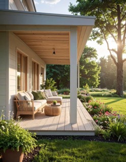An eco-friendly porch designed for sustainable living in an environmentally-conscious home, lush