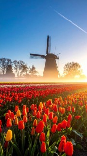 Fog covered landscape in sunrise with tulip fields and windmill in background, AI generated