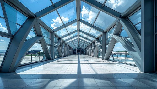Modern architectural framework with glass and steel structure, glass facade with a greed of steel