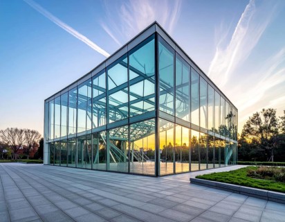 Modern architectural framework with glass and steel structure, glass facade with a greed of steel