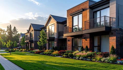 Modern apartment building with balconies and well-kept landscaping at sunset, Modern multifamily