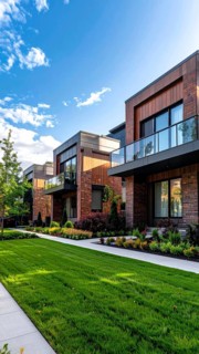 Modern apartment building with balconies and well-kept landscaping at sunset, Modern multifamily