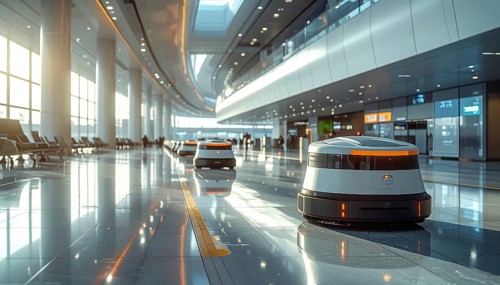 Autonomous cleaning roboter at modern airport terminal, showcasing advanced technology, daylight in
