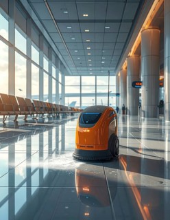Autonomous cleaning roboter at modern airport terminal, showcasing advanced technology, daylight in