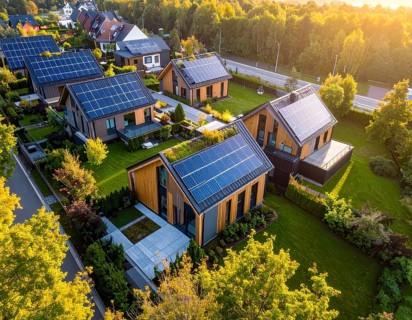 Aerial view showcases modern houses with solar panels and green roofs in a suburban setting,