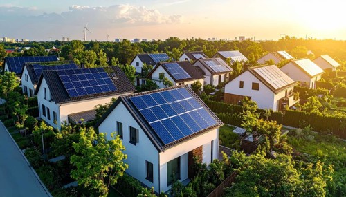 Aerial view showcases modern houses with solar panels and green roofs in a suburban setting,
