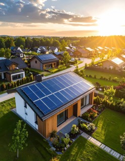 Aerial view showcases modern houses with solar panels and green roofs in a suburban setting,