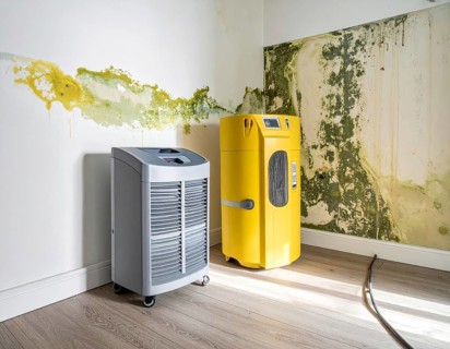 A specialized dehumidifier operates in a mold-infested room following water damage, Shell