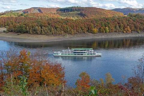 Excursion boat, Biggesee near Sondern, Olpe, Sauerland, North Rhine-Westphalia, Germany