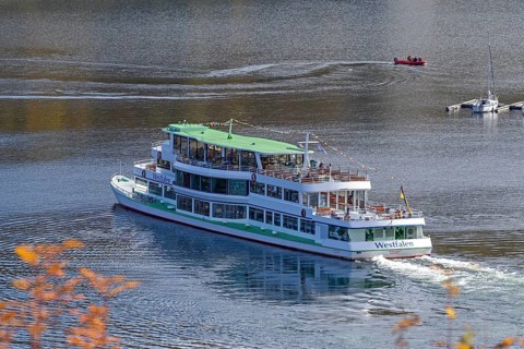 Excursion boat, Biggesee near Sondern, Olpe, Sauerland, North Rhine-Westphalia, Germany
