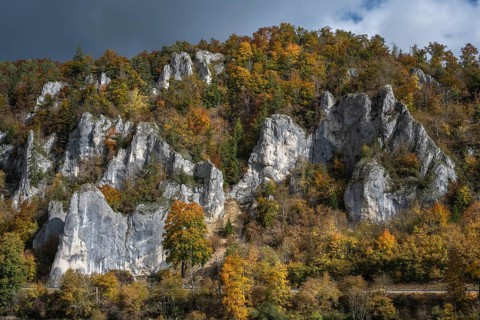 Distinctive Jurassic limestone cliffs in the upper Danube Valley, surrounded by autumn vegetation,