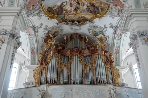 St. George and James Catholic Church, interior view, organ, Isny, Allgäu, Baden-Württemberg,