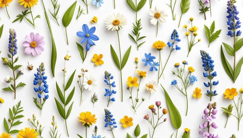 Vibrant wildflowers and grass create a colorful and joyful floral pattern, Variety of wild flowers,