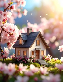 A miniature house surrounded by blooming cherry blossoms and warm sunlight, creating a peaceful and