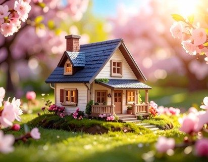 A miniature house surrounded by blooming cherry blossoms and warm sunlight, creating a peaceful and