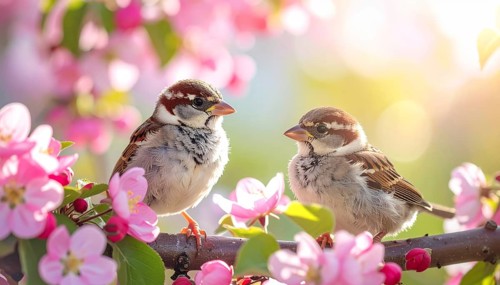 Small funny Sparrow Chicks sit in the garden surrounded by pink Apple blossoms on a Sunny may day,