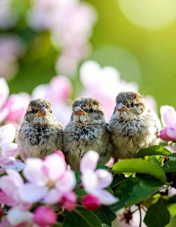 Small funny Sparrow Chicks sit in the garden surrounded by pink Apple blossoms on a Sunny may day,
