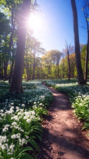 A tranquil forest path lined with white flowers, surrounded by tall trees and bathed in soft