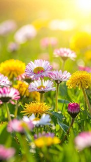 A sunny meadow with daisies in full bloom under bright sunlight, creating a vibrant and cheerful