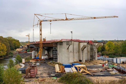 Four-lane new building of the town bypass in Wesel, B58n, here the bridge structure across the