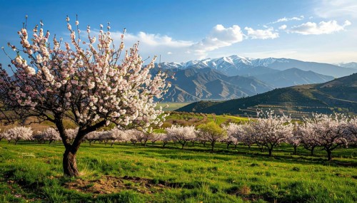 Landscape with a blooming apricot tree, idilyc spring nature, green grass and mountains in