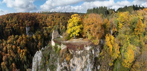 Aerial view, panorama from the viewpoint, shovels and Hausen Castle, also known as the Hausen