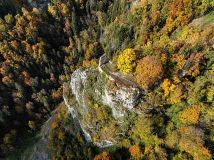 Aerial view of the viewpoint, shovels and Hausen Castle, also known as the Hausen ruins, surrounded