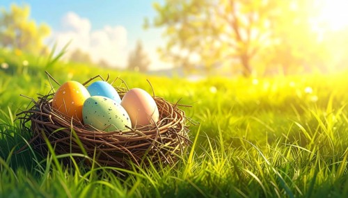 Nest with easter eggs in a basket on grass, sunny spring day, fresh beautiful landscape at