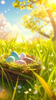 Nest with easter eggs in a basket on grass, sunny spring day, fresh beautiful landscape at