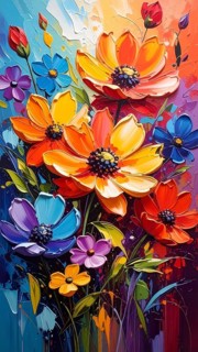 Closeup of abstract rough colorful multicolored organic floral spring flowers art painting texture,