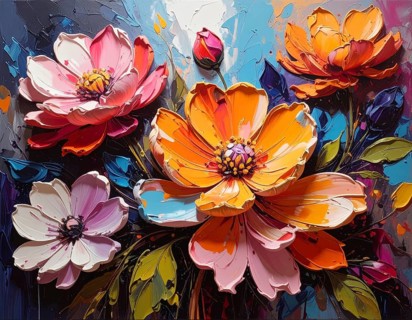 Closeup of abstract rough colorful multicolored organic floral spring flowers art painting texture,