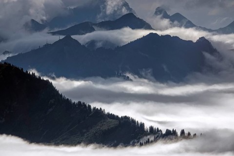 View from the Nebelhorn summit to mountains of the Allgäu Alps, mountains rising from fog in the