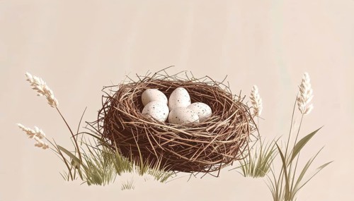 Nest with easter eggs in grass on a sunny spring day, Easter wallpaper decoration drawing, banner,