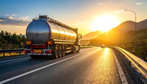 Petrol cargo truck lorry tanker driving on highway hauling oil products at sunrise, wide hilly