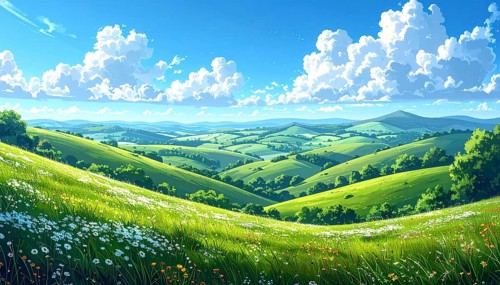 Fresh summer hilly Landscape with blooming Meadow, green plants, Blue Sky with cloudy sky, serene