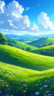 Fresh summer hilly Landscape with blooming Meadow, green plants, Blue Sky with cloudy sky, serene